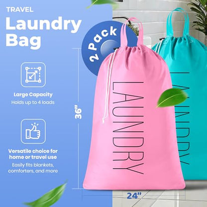 Extra Large Travel Laundry Bag - 2-Pack Fun Print Design Bags for Dirty Clothes - Durable Water-Resistant Fabric - Sturdy Drawstring Closure (Pink-Teal | Laundry) - color: Pink-teal | Laundry