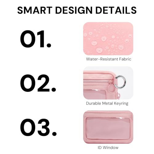 YDF The Iris Wallet for Women Mini Zip Card Case with Clear ID Window Zipper Coin Purse Lightweight Portable Keychain Wallet - color: Pink