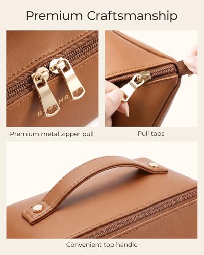 BAGSMART Makeup Bag Travel 3 Pcs Set Cosmetic Bag, Large Make Up Bag Flat Open Toiletry Bag for Women, PU Leather Travel Essentials Organizer Case, Wide-open Pouch for Skincare, Brushes,Classic Brown - color: 31- Classic Brown
