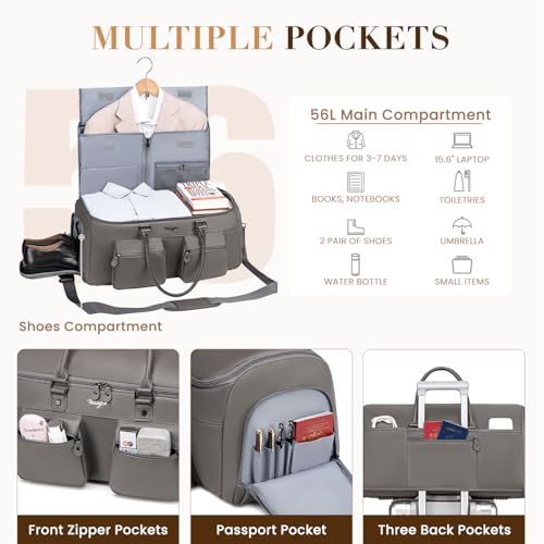Suit Bag Travel,Vessgra 2 in 1 Leather Duffle Bags for Men 56L Duffel Bags for Traveling PU Leather Garment Bag with Shoe Compartment,Travel Carry on Bag Weekender Bussiness Wedding,Grey - color: Grey