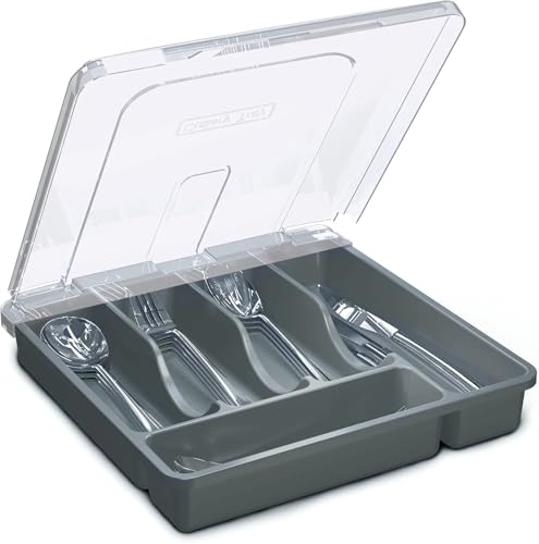 Utensil Holder for Countertop with Lid, Plastic Silverware Tray for Drawer (Gark Gray) - color: Gark Gray