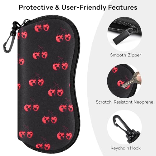 Sunglasses Case with Belt Clip, Ultra Light Neoprene Zipper Soft Padded Glasses Case for Women Men - color: Cherry Skull