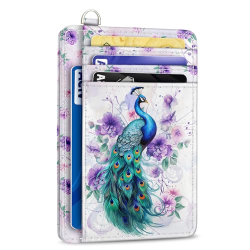 Yonlevres Credit Card Holder Slim Wallet, Peacock RFID Wallet Women Front Pocket Small Card Holder, Cute Travel Thin RFID Blocking Card Organizer Card Case ID Window PU Leather Girl Ladies - color: Peacock