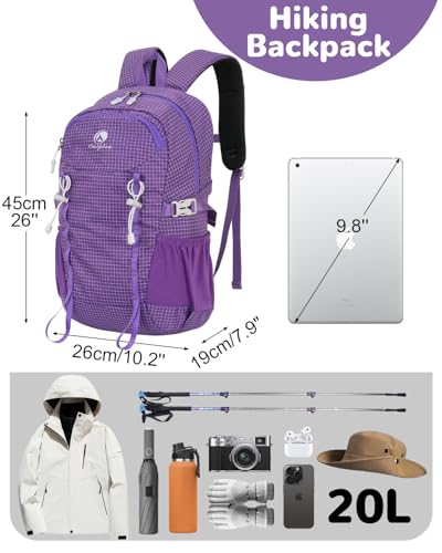 20L Small Waterproof Hiking Backpack Men Women, Lightweight Small Travel Backpack for Outdoor, Purple - color: Purple