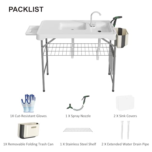 42.5" Fish Cleaning Table with Dual Sink, Portable Folding Camping Table with Faucet, Sprayer, Grid Rack, Hose Hook Up & Knife Groove, Outdoor Sink Station for Picnic Beach Patio - style: Fish cleaning table with dual sink