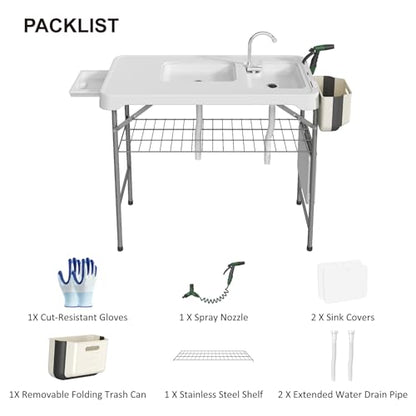 42.5" Fish Cleaning Table with Dual Sink, Portable Folding Camping Table with Faucet, Sprayer, Grid Rack, Hose Hook Up & Knife Groove, Outdoor Sink Station for Picnic Beach Patio - style: Fish cleaning table with dual sink