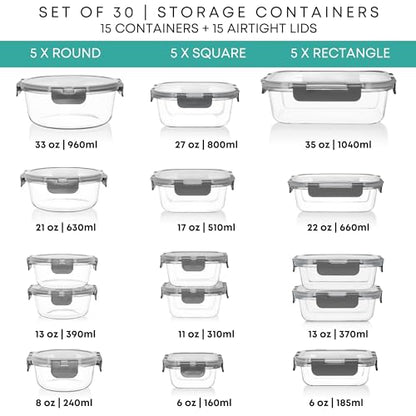 Razab 30 PC Glass Food Storage Containers with Lids - Reusable Glass Meal Prep Containers for Lunch and Leftovers - Airtight & Leakproof Snap Locking Lids - Oven, Freezer, Microwave & Dishwasher Safe - color: Gray