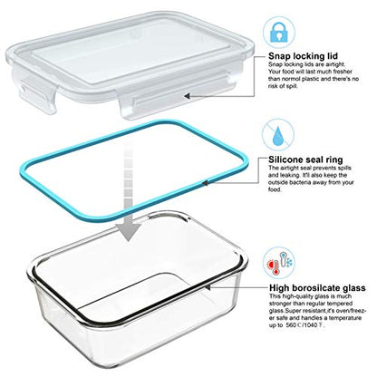 AILTEC Glass Food Storage Containers with Lids, [18 Piece] Glass Meal Prep Containers Set, Airtight Leak Proof, Oven Freezer Dishwasher Safe, BPA Free (9 Lid & 9 Container) - color: clear