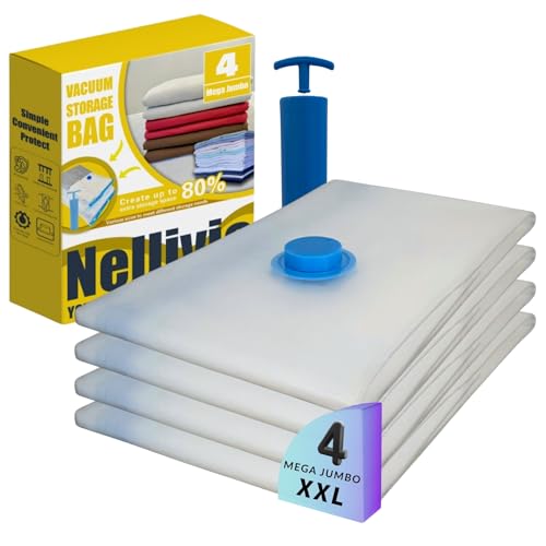 4 Mega Jumbo XXL Vacuum Storage Bags with Pump, Supersized Compression Space Saver for Comforter, duvet, Bedding, Blanket storage, Vacuum Seal Bags for Clothing, Durable Safe Poly Material - size: 4 Mega Jumbo XXL