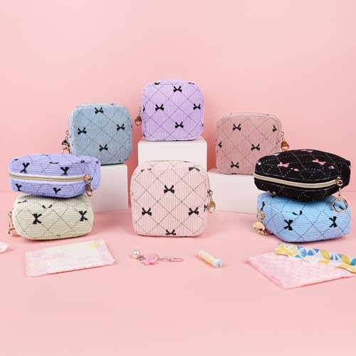 Period Bag for Teen Girls, Corduroy Cute Sanitary Napkin Storage Bag, Menstrual Pad Pouches Tampon Holder for Purse (Purple-Bow Tie) - color: Bow Tie-purple