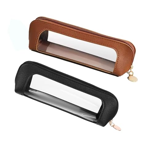 JMKEY Small Clear Makeup Bag, PU Leather Travel Makeup Brush Case Zipper, Double Sided Transparent Toiletry Bag, Portable Waterproof Cosmetic Organizer Pouch for Women Travel Cosmetic Storage - color: Black,Brown