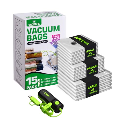 Vacuum Bags for Travel with USB & TYPE C Pump, Vacuum Seal Travel Bags, 15 Pack Carry-On Vacuum Storage Bags for Luggage & Suitcase, Space Saver for Clothes & Travel(Green) - size: Green-15 Vacuum Bags + USB & TYPE-C Pump
