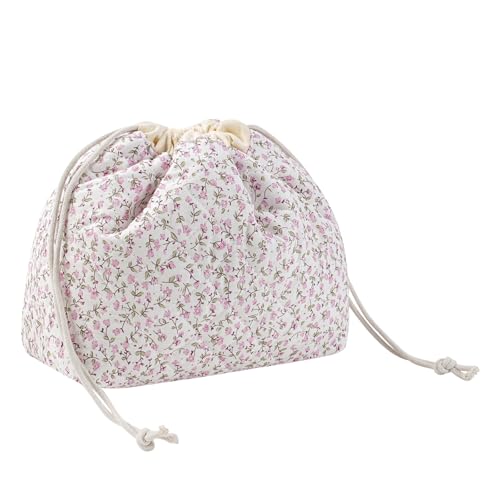 uekeboag Cotton Quilted Seersucker Makeup Bag with Canvas Lining,Coquette Aesthetic Cute Travel Toiletry Bag,Drawstring Gift Bag for Women and Girls（Pinkfloral） - color: Pinkfloral