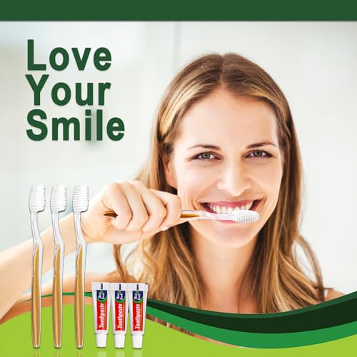 20 pcs Disposable Toothbrush with Toothpaste Bulk Individually Wrapped, Travel Toothbrush Kit, Hotel Toothbrushes Bulk for Airbnb,Shelter/Wedding/Nursing Home/Charity/Homeless, Gold - size: 1 Count (Pack of 20)