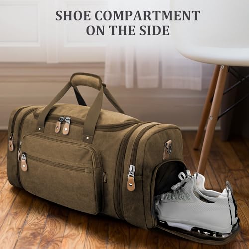 Gonex Canvas Duffle Bag 60L Travel Duffel Overnight Weekend Bag with Shoe Compartment (Coffee) - color: Coffee, size: X-Large-60L (With Shoe Compartment)
