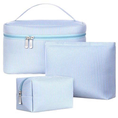 Huhumy 3 Pieces Makeup Bag Set for Women Cute Seersucker Cosmetic Pouch Travel Toiletry Bag Preppy Small Makeup Purse Pouch Aesthetic Skincare Brushes Storage Organizer for Women(Blue) - color: Blue