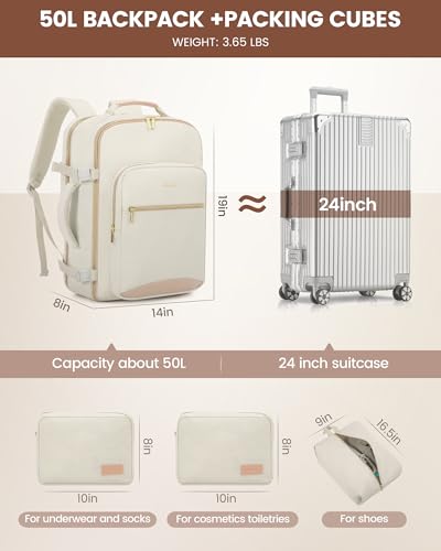 LOVEVOOK 50L Travel Backpack Flight Approved Carry on Backpack,3 Packing Cubes,Waterproof Personal Item Travel Bag,TSA Carry on Luggage Suitcase Travel Essentials,Gifts for Women & Men,fits 18" Laptop - color: Beige-flesh Beige, size: X-Large-50L-4Pcs