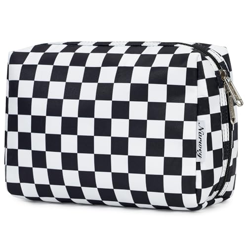 Narwey Checkered Makeup Bag Travel Cosmetic Bag Organizer Toiletry Bag Make Up Bags with Compartments for Women Girls (Large, Black Checkerboard) - color: YB-Black Checkerboard, style: Large