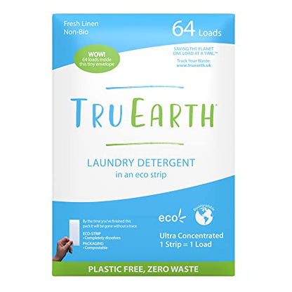 Tru Earth Compact Dry Laundry Detergent - Up to 128 Loads (64 Sheets) - Paraben-Free - Original Eco-Strip Liquidless Detergent, Travel - Fresh Linen | Packaging May Vary - size: 64 Count (Pack of 1)