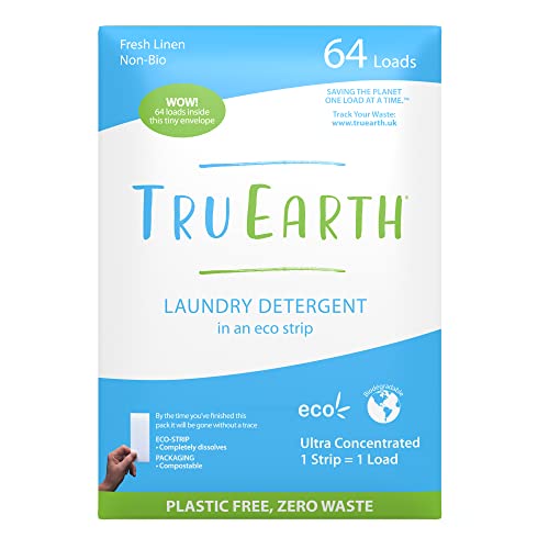Tru Earth Compact Dry Laundry Detergent - Up to 128 Loads (64 Sheets) - Paraben-Free - Original Eco-Strip Liquidless Detergent, Travel - Fresh Linen | Packaging May Vary - size: 64 Count (Pack of 1)