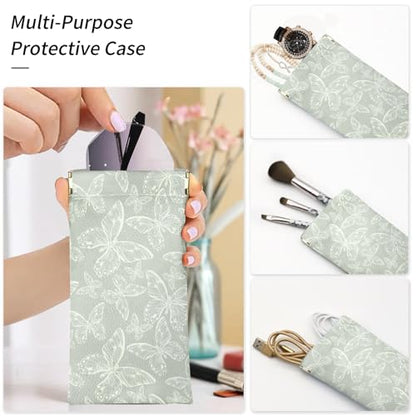 Glasses Case Soft, Eyeglass Cases for Women Portable Squeeze Top PU Leather 2 Pack Glasses Pouch with Cleaning Cloth - color: 2pcs Grey Leopard+grey Butterfly