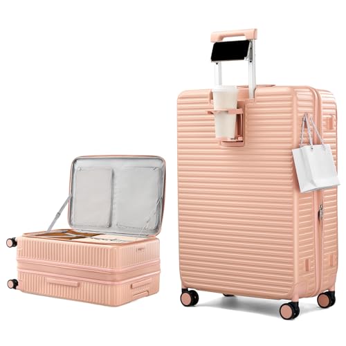 HanTrip Hard Shell Suitcases 28 Inch Large Checked Luggage with Spinner Wheels Cup Holder, Expandable Check in Luggage Lightweight Top Opening Luggage Big Rolling Suitcase with Lock, Pink - color: Pink, size: Expandable 28 Inch