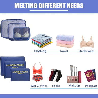 6 Set Packing Cubes for Travel Luggage Packing Bags Reusable Waterproof Suitcase Organizer Bags Set with Shoe Bag and Toiletry Bag (Navy Blue) - color: Navy Blue