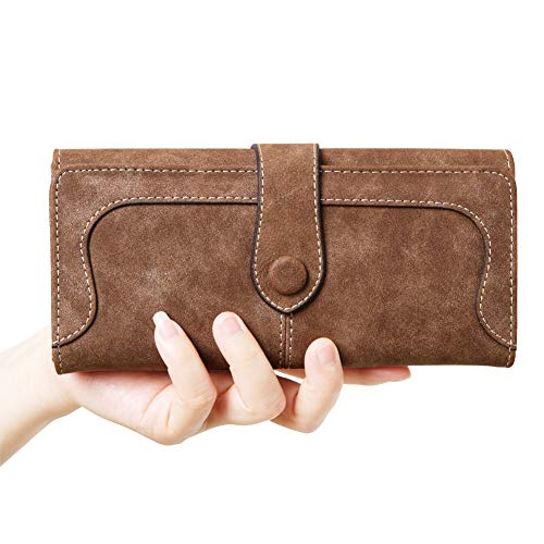 Women's Vegan Leather 17 Card Slots Card Holder Long Big Bifold Wallet - color: Coffee