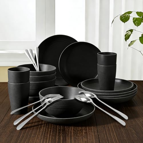 24 Piece Plates and Bowls Sets for 4- Unbreakable Wheat Straw Dinnerware Sets Includes Stainless Steel Forks for Picnic Camping Outdoor Kitchen and Apartment Dinning RV Essentials-Black - color: Black, size: 24PCS