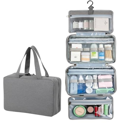 4-Layer Foldable Hanging Toiletry Bag – Large Capacity Travel Organizer with Dry-Wet Separation, Portable Toiletry Kit for 3-5 People (Grey) - color: Grey