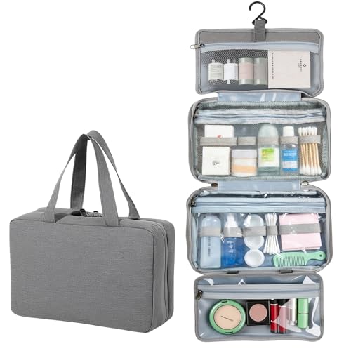 4-Layer Foldable Hanging Toiletry Bag – Large Capacity Travel Organizer with Dry-Wet Separation, Portable Toiletry Kit for 3-5 People (Grey) - color: Grey