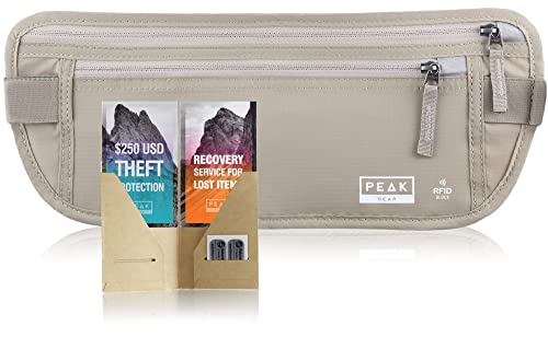 Peak Gear Travel Money Belt. Premium Quality Travel Wallet with RFID Blocking Fabric to Protect Credit Cards, Passports and Documents. Exclusive Theft Protection and 2 Recovery Tags | Beige - color: Beige.