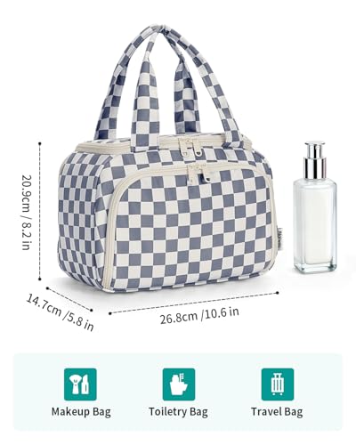 Narwey Checkered Travel Toiletry Bag for Women Large Makeup Bag, Wide-open Cosmetic Make Up Organizer with Handle, Travel Bag for Toiletries, Essentials, Accessories (Greyish Blue Checkerboard) - color: Greyish Blue Checkerboard