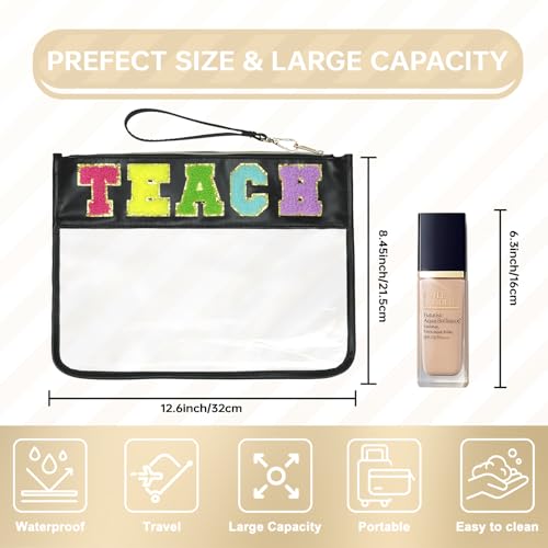 Siwara Snack Bags Clear Pouch Travel Makeup Bag Chenille Letter Bags for Zipper Pouch Clear Cosmetic Bag Clearly Tote Bag Makeup Travel Bags for Women - color: Black--Teach