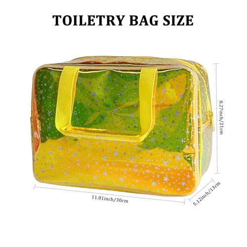 Holographic Yellow Clear Star Large Cosmetic Bag and TPU Travel Pouch with Handle,Durable Material,Zipper Design-Ideal for Makeup,Travel Essentials (Yellow) - color: Yellow