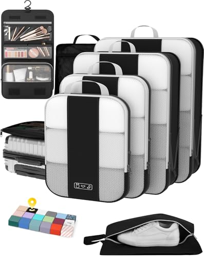 8 Set Compression Packing Cubes for Travel Essentials,Compressible Expandable Packing Cubes for Suitcase,OlarHike Luggage Garment Bags for Travel,Handy Helper for Organizing Clothes(Black) - color: Black