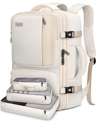Vancropak Carry on Backpack, 47L Expandable Extra Large Travel Backpack with 3 Packing Cubes, Flight Approved Water Resistant Luggage Suitcase Weekend Duffle Bag Overnight Daypack for Women Men, Beige