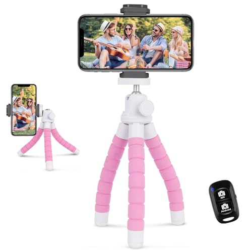 Ubeesize Portable Tripod Stand with Wireless Remote & Clip, Flexible Phone Holder for Video Recording (Pink) - color: Pink, style: Standard
