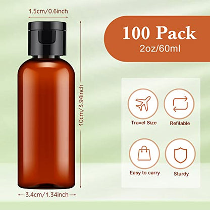 Eccliy 100 Pack 2 oz Plastic Bottles Travel Lotion Bottle Squeeze Container Plastic Bottles with Caps Small Travel Empty Refillable Toiletry Containers for Liquid Lotion Creams with 5 Funnels(Brown) - color: Brown, size: 2 oz