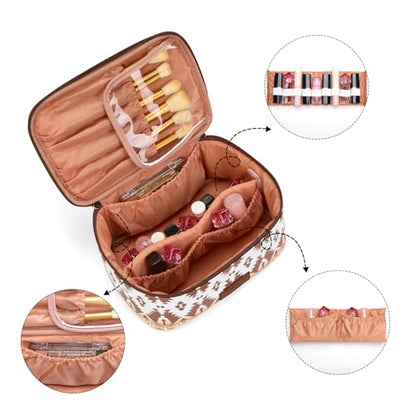 Montana West X Wrangler Travel Makeup Bag 2pcs Set Large Cosmetic Bag with Makeup Brush Holder Portable Make Up Organizer Cute Toiletry Bag with Divider and Handle for Women Aztec - color: Aztec-Coffee