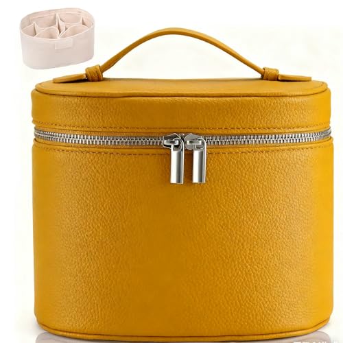 Leather Make Up Bags With Compartments, Brown travel Cosmetic Bags for Women, Parallel Makeup Travel Bags Organizer Equipped With a Detachable Divider (yellow) - color: Yellow