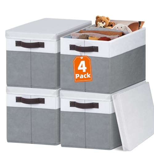 Large Closet Storage Baskets Bins with Lids 4 Pack, Storage Baskets for Organizing Shelves Nursery Bedroom, Home Dorm Closet Organizers Cubes for Clothes Toys Blanket Book - Stackable -14x10x9.5 - color: White with Grey, size: 4pcs-Large