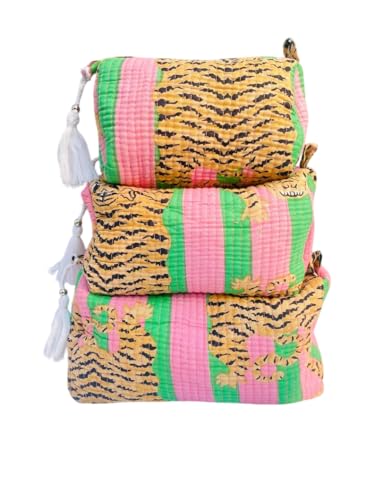 YILLE Set of 3 Pieces Block Printed Travel Organizer Kit Storage Bag for Women Makeup Bag Travel Cosmetic Bag (Pink Green Fat Tiger) - color: Pink Green Fat Tiger