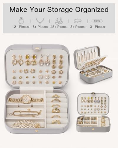 VLANDO Travel Jewelry Case, PU Leather Travel Jewelry Box with Earring Holder, Portable Display Small Jewelry Box for Mothers Day Women Girls Gift - Grey - color: D.Grey