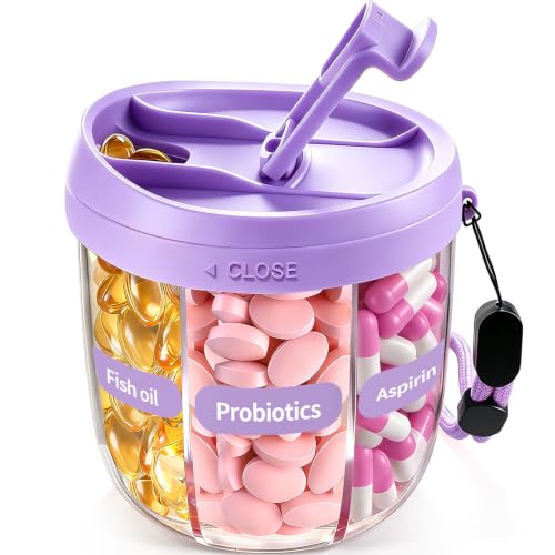 Pill Organizer,Travel Essentials Pill Container, Travel Pill Dispenser with Purple Lid，Pill Case Having 7 Large Compartments,Vitamin Organizer for Home Organization,Travel Containers - color: Purple