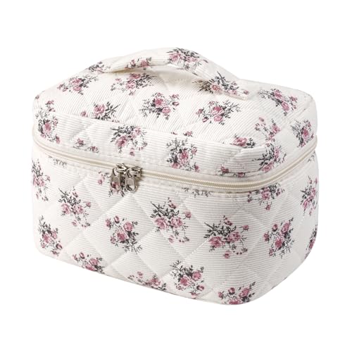 uekeboag Large Travel Quilted Makeup Bag for Women, Floral Cotton Cosmetic Bag, Coquette Aesthetic Floral Toiletry Organizer Bag - color: Corduroy Pink