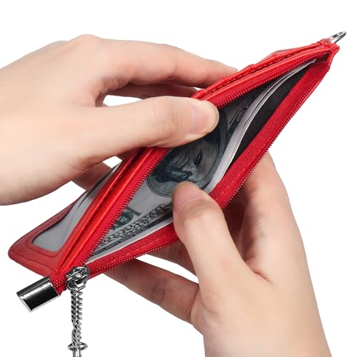RFID Blocking Slim Credit Card Holder Wallet with Zipper Money Pocket & Keychain, Slim Airtag Wallet for Men Women - color: Cowhide Red
