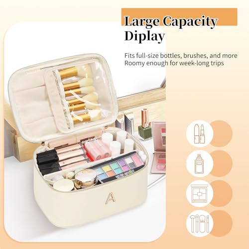 OCHEAL Personalized Makeup Bag, Beige Make up Bag for Women, Monogrammed Travel Toiletry Kit, Gift-Ready Cosmetic Organizer for Christmas Birthday & Stocking Stuffers A - color: Beige, style: A