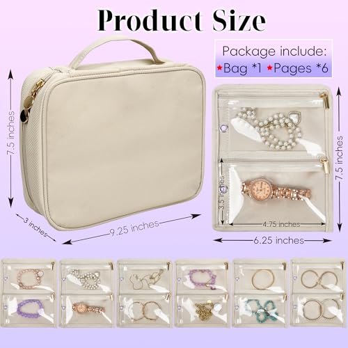 Travel Jewelry Organizer Case,Jewelry Bags for Traveling, Jewelry Binder with 24 Pcs Clear Zipper Velvet Pouches for Storing Earrings, Rings, Necklace, Bracelet, Watch (Beige) - color: Beige