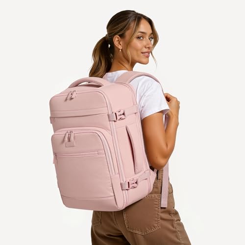 mibasies 40L Travel Backpack for Women & Men: Flight Approved Carry On Backpack, TSA Personal Item Bag with Water Bottle Pocket, Weekender Essentials Backpacks fits 17" Laptop - Pink - color: Pink, size: X-Large